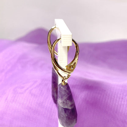 Large Amethyst Teardrop Shaped Yellow Gold Drop Earrings