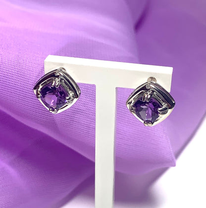 Amethyst and diamond sterling silver cushion shaped purple stud earrings