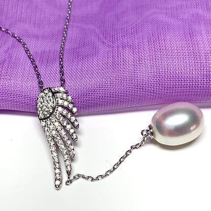 Angle Wing Cubic Zirconia and Fresh Water Pearl Necklace Pendant