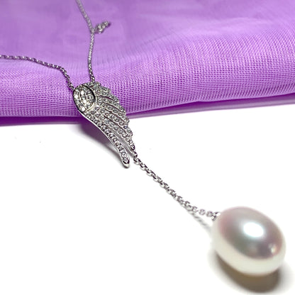 Angle Wing Cubic Zirconia and Fresh Water Pearl Necklace Pendant