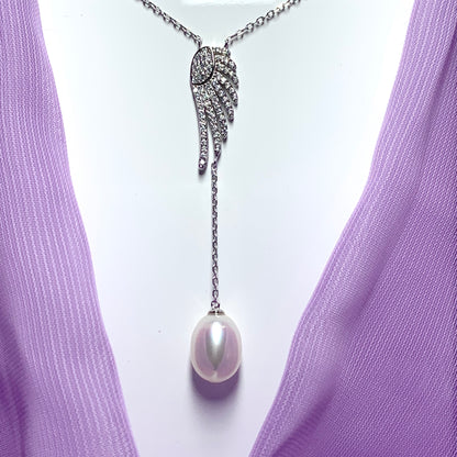 Angle Wing Cubic Zirconia and Fresh Water Pearl Necklace Pendant