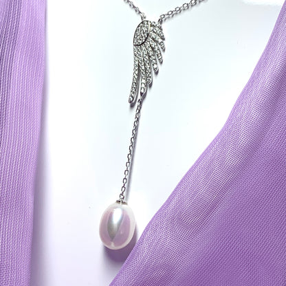 Angle Wing Cubic Zirconia and Fresh Water Pearl Necklace Pendant