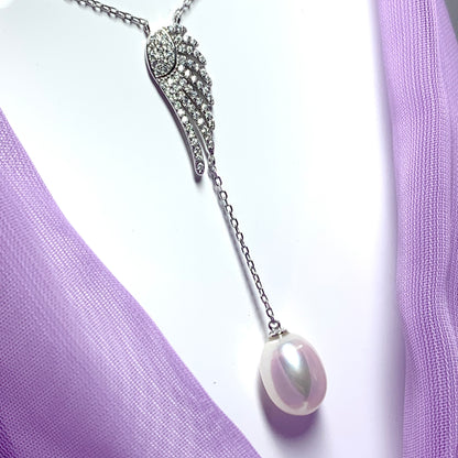 Angle Wing Cubic Zirconia and Fresh Water Pearl Necklace Pendant