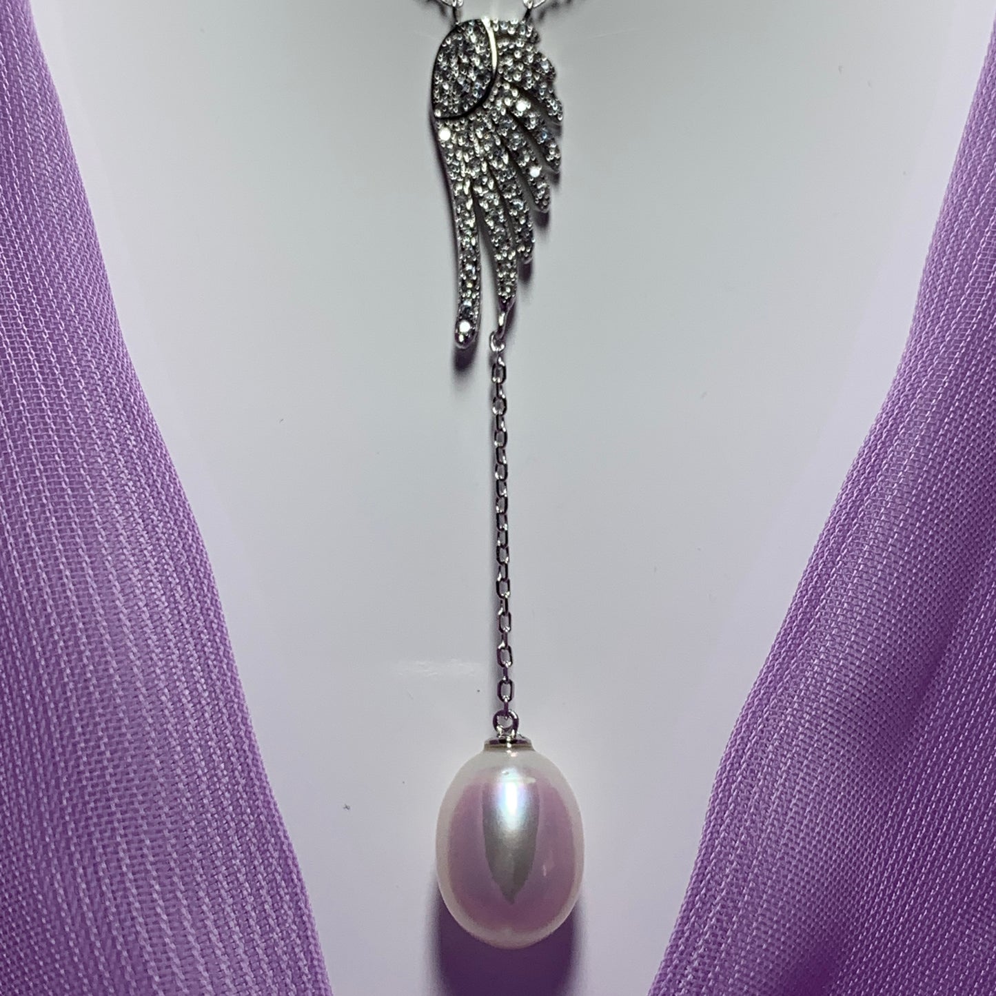Angle Wing Cubic Zirconia and Fresh Water Pearl Necklace Pendent