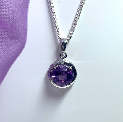 Round purple amethyst and diamond sterling silver necklace