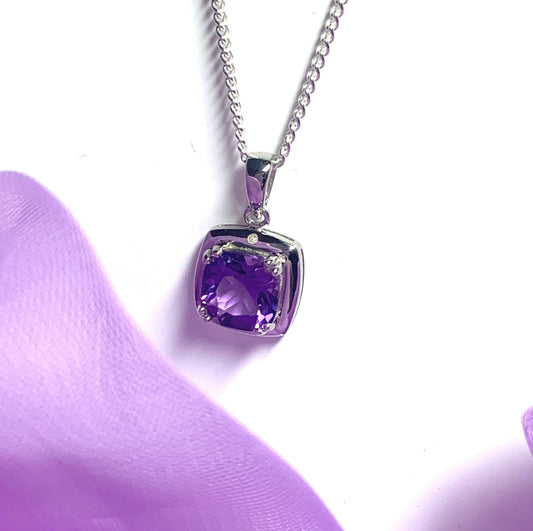 Square purple amethyst and diamond sterling silver necklace