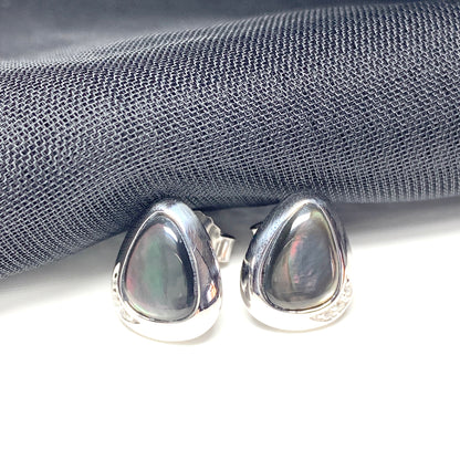 Black Mother of Pearl Pear Drop Sterling Silver Stud Earrings