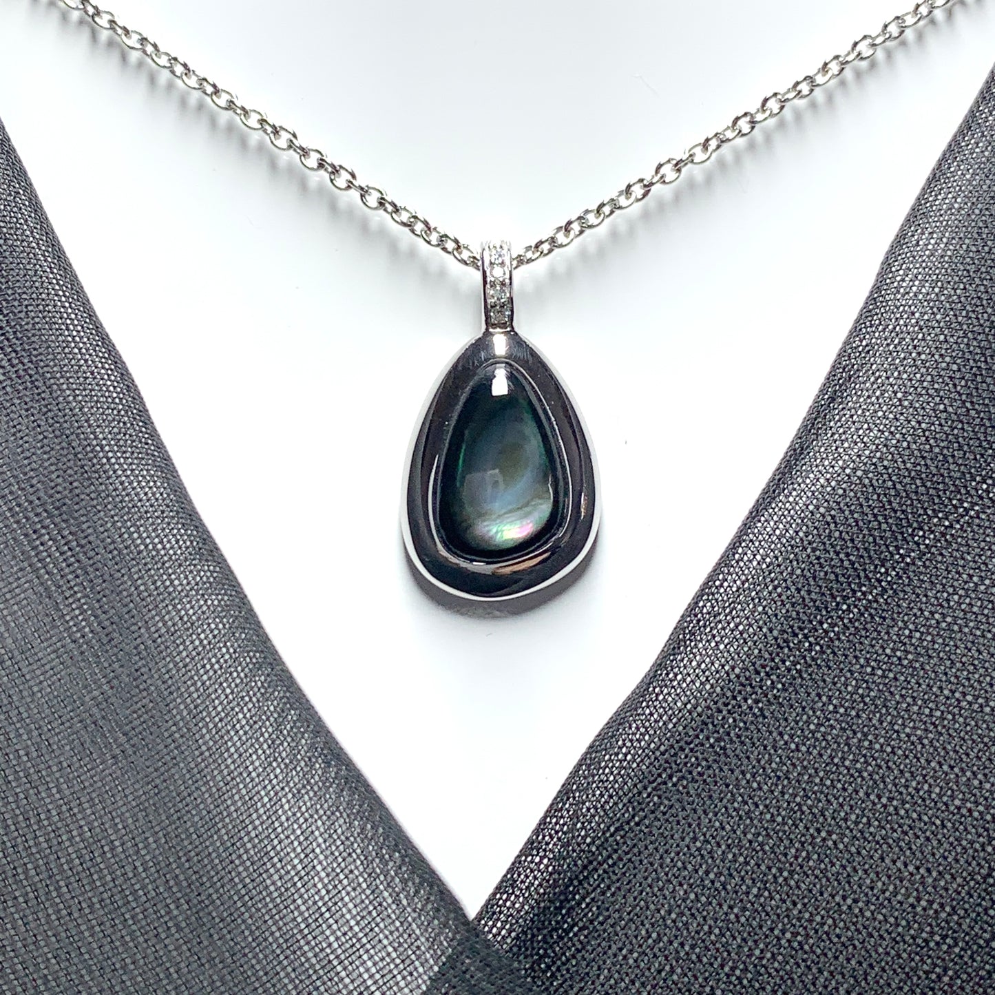 Black Mother of Pearl Pear Shaped Sterling Silver Necklace