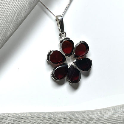 Sterling Silver Amber Flower Necklace Pendant