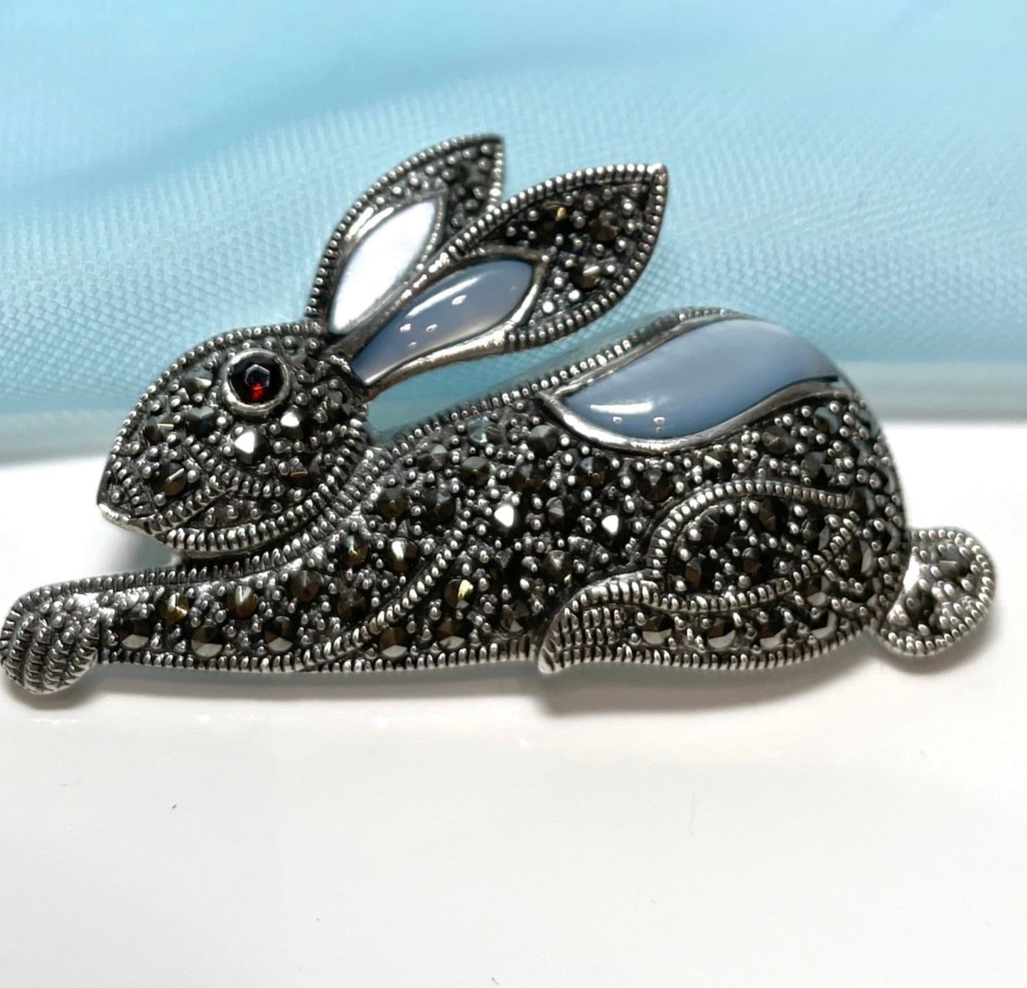 Rabbit hare brooch marcasite sterling silver garnet and mother of pearl