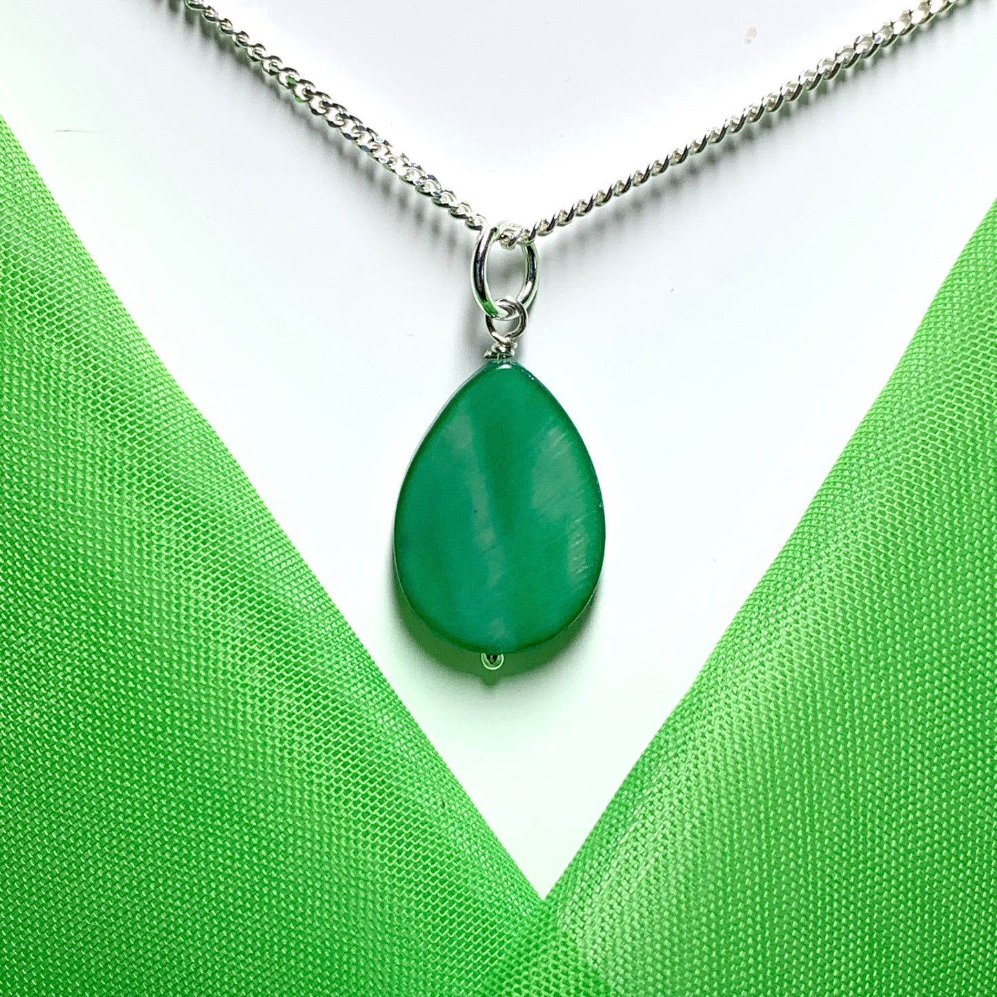 Green Mother of Pearl Balloon Sterling Silver Necklace
