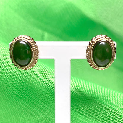 Green jade gold oval stud earrings