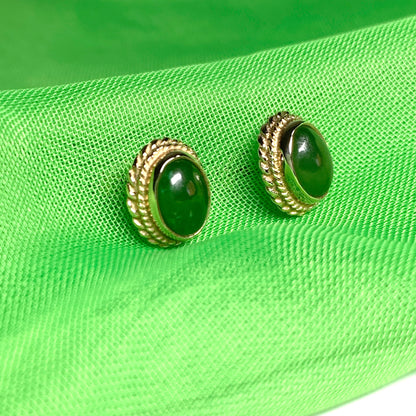 Green jade gold oval stud earrings