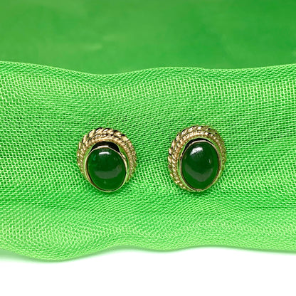 Green jade gold oval stud earrings