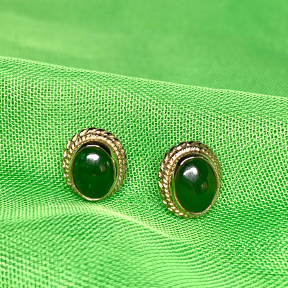 Green jade gold oval stud earrings