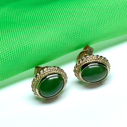 Green jade gold oval stud earrings