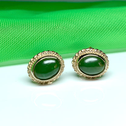 Green jade gold oval stud earrings