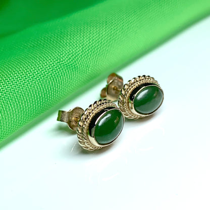 Green jade gold oval stud earrings