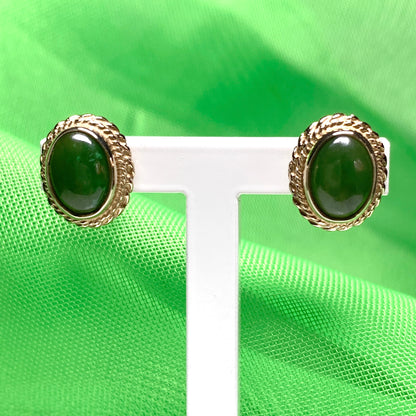 Green jade gold oval stud earrings