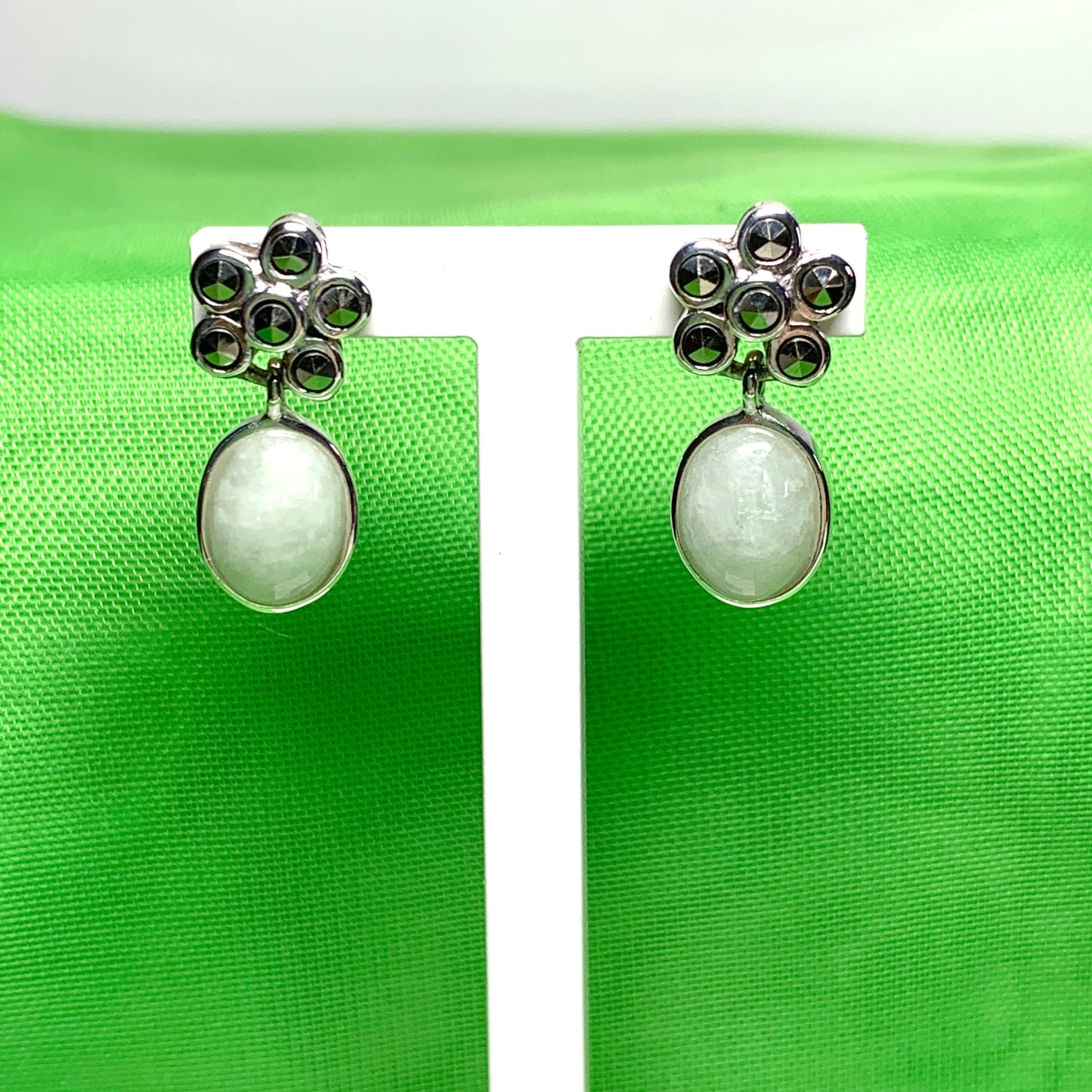 Jade and Marcasite Sterling Silver Drop Earrings