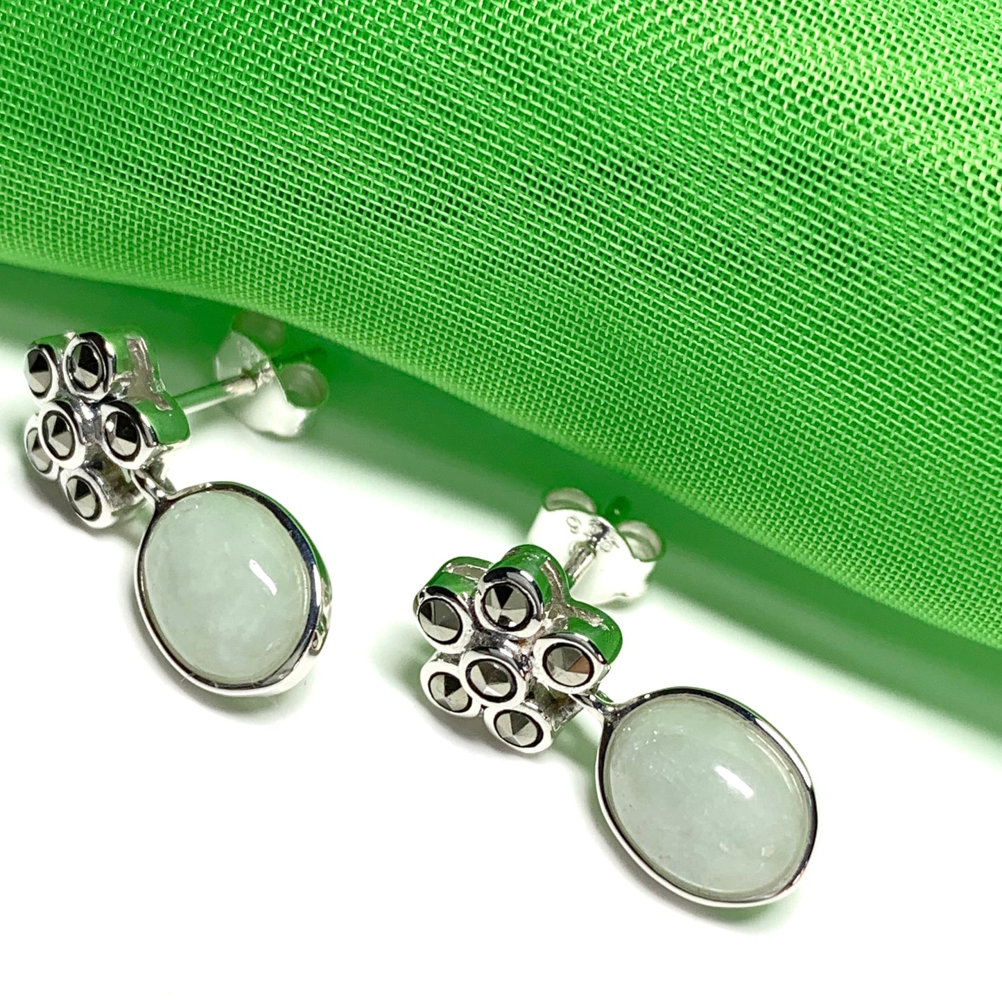 Jade and Marcasite Sterling Silver Drop Earrings