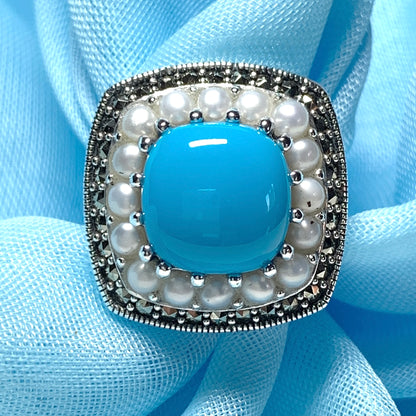 Large Blue Turquoise Sterling Silver Dress Cocktail Ring