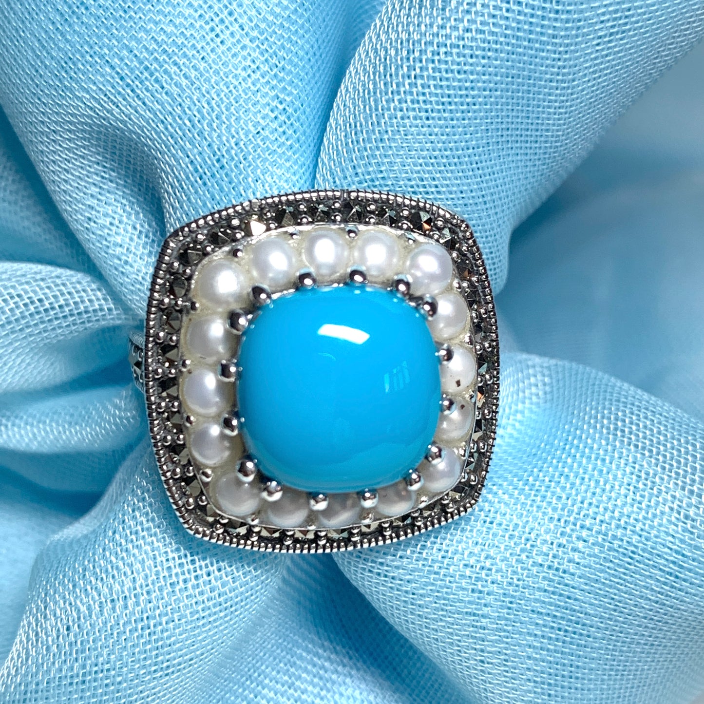 Large Blue Turquoise Sterling Silver Dress Cocktail Ring