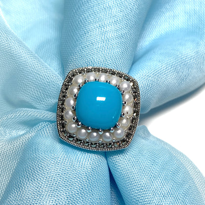 Large Blue Turquoise Sterling Silver Dress Cocktail Ring