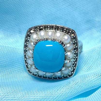 Large Blue Turquoise Sterling Silver Dress Cocktail Ring