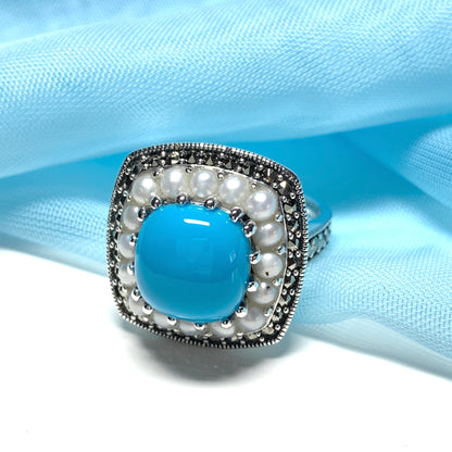 Large Blue Turquoise Sterling Silver Dress Cocktail Ring