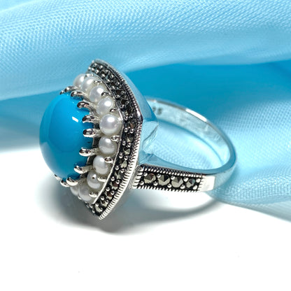 Large Blue Turquoise Sterling Silver Dress Cocktail Ring