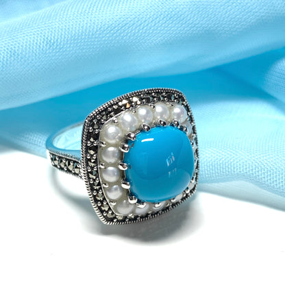 Large Blue Turquoise Sterling Silver Dress Cocktail Ring