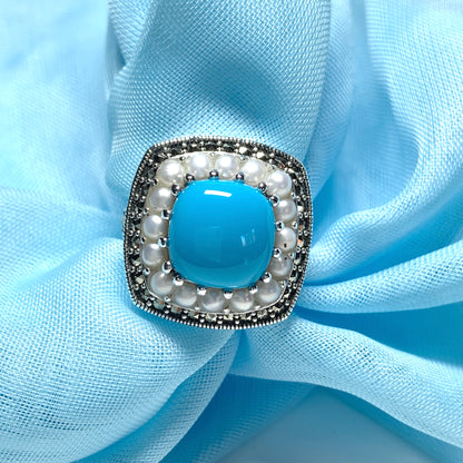 Large Blue Turquoise Sterling Silver Dress Cocktail Ring