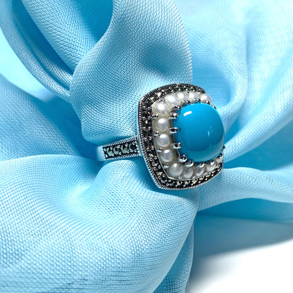 Large Blue Turquoise Sterling Silver Dress Cocktail Ring