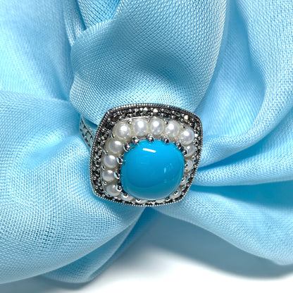 Large Blue Turquoise Sterling Silver Dress Cocktail Ring