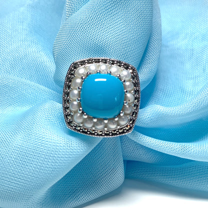 Large Blue Turquoise Sterling Silver Dress Cocktail Ring