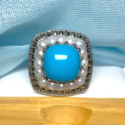 Large Blue Turquoise Sterling Silver Dress Cocktail Ring