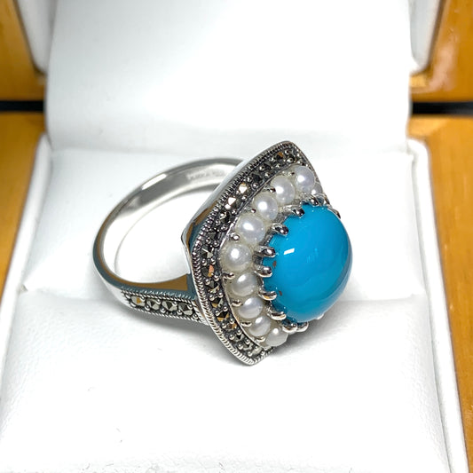Large Blue Turquoise Sterling Silver Dress Cocktail Ring