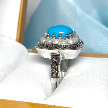 Large Blue Turquoise Sterling Silver Dress Cocktail Ring