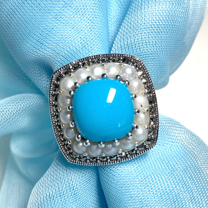 Large Blue Turquoise Sterling Silver Dress Cocktail Ring