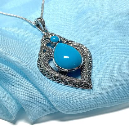 Fancy Real Turquoise Drop Sterling Silver Necklace