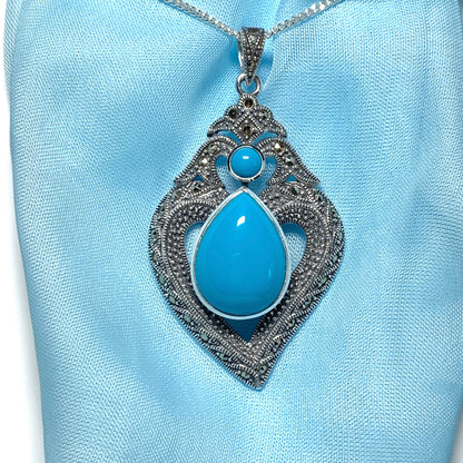 Fancy Real Turquoise Drop Sterling Silver Necklace