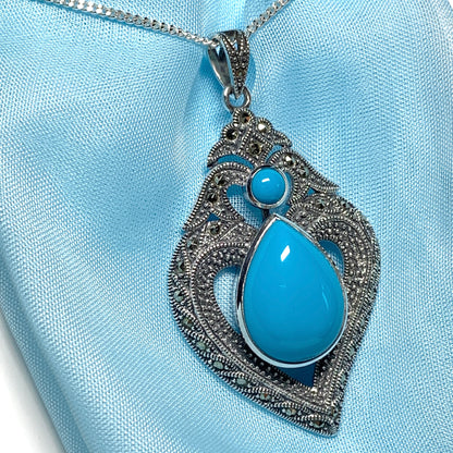 Fancy Real Turquoise Drop Sterling Silver Necklace