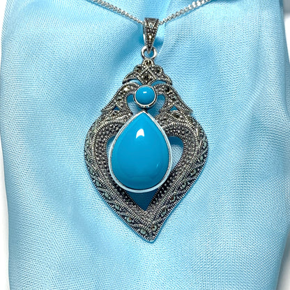 Fancy Real Turquoise Drop Sterling Silver Necklace