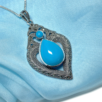 Fancy Real Turquoise Drop Sterling Silver Necklace