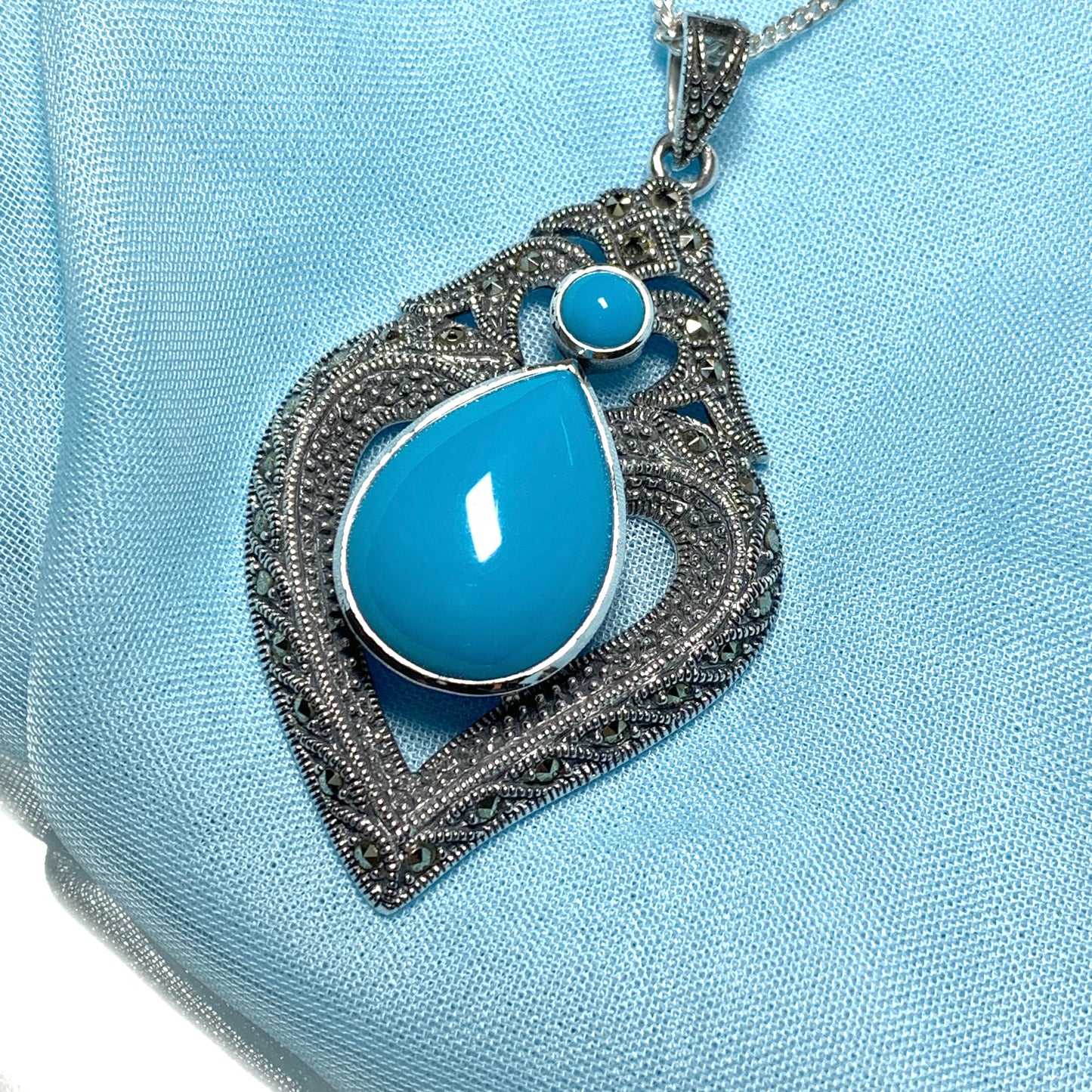 Fancy Real Turquoise Drop Sterling Silver Necklace