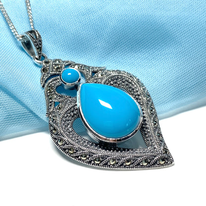 Fancy Real Turquoise Drop Sterling Silver Necklace