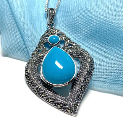 Fancy Real Turquoise Drop Sterling Silver Necklace