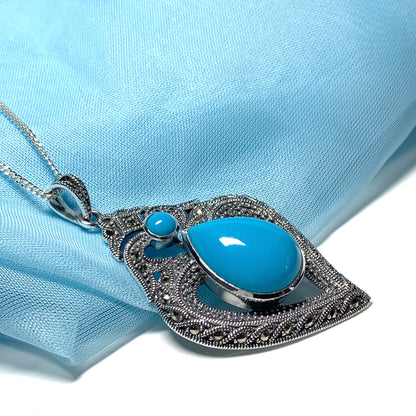 Fancy Real Turquoise Drop Sterling Silver Necklace