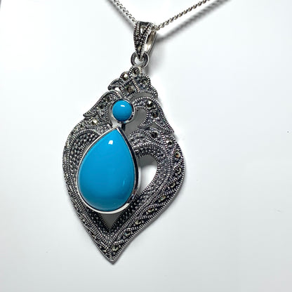 Fancy Real Turquoise Drop Sterling Silver Necklace